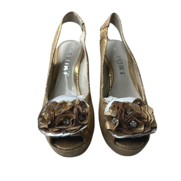 Report Gold Slingback Wedge Sandals With Floral Accents & Glitter Finish Size 8 - Picture 5 of 9